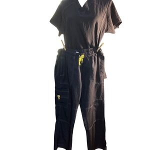 Navy Scrub Set Womens V-Neck Top and Cargo Pants with Yellow Accent large petite